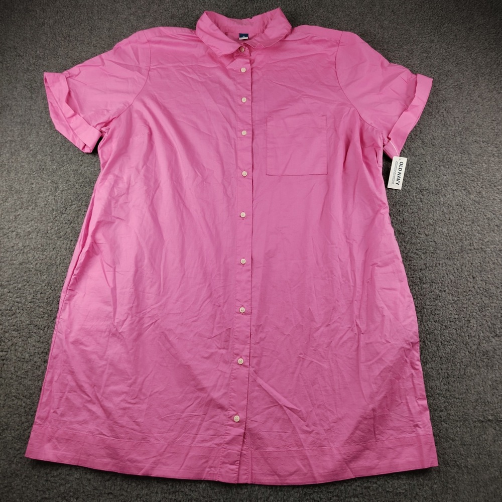 Old Navy Shirt Dress Cotton Sz XL Short Sleeve Pink Pocket Minimalist NWT